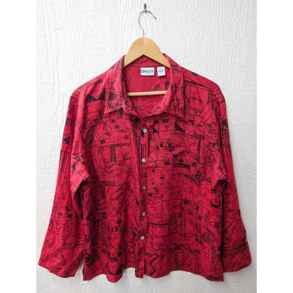 Vintage Chicos 100% Silk Red Black Geometric Animals Hippie Tribal Blouse Top 3